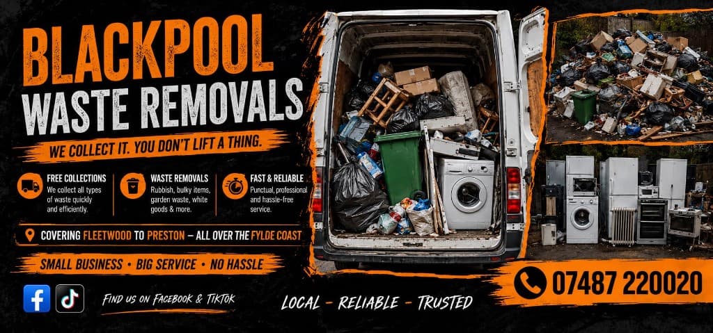 Blackpool Waste Removals banner showing waste collection van, rubbish removal and contact number